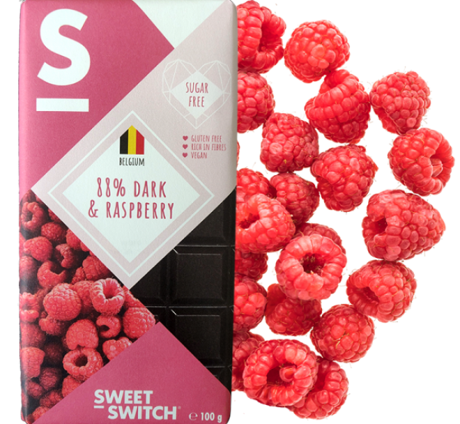 sugar free healthy confectionery SWEET-SWITCH 88% dark chocolate + raspberry